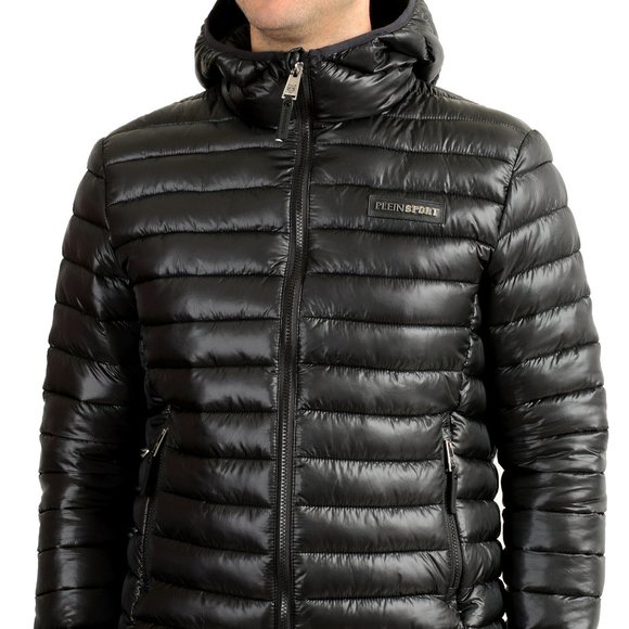 Plein Sport Men's Black Hooded Logo Print Zip Up Parka Jacket